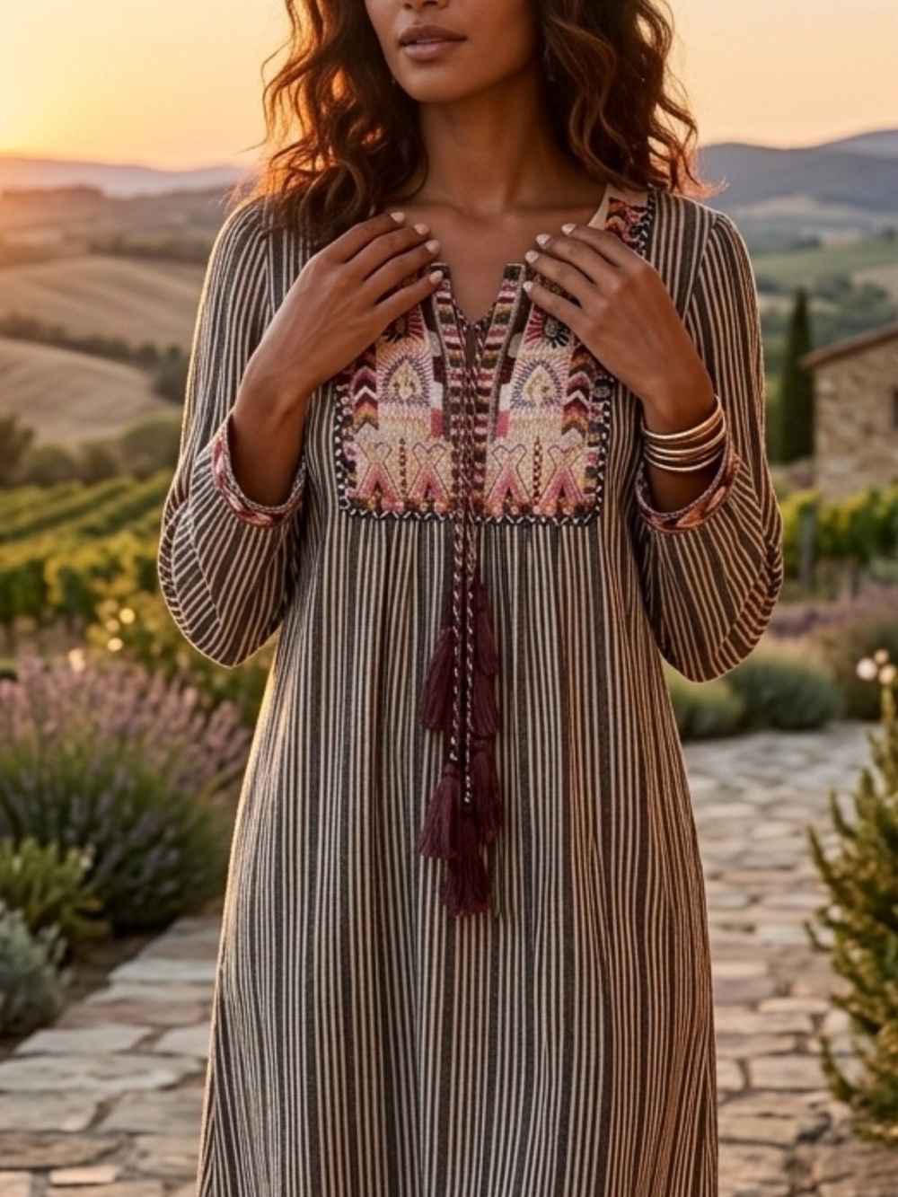 Chelsea & Theodore Brown Striped Embroidered Tassel Tunic